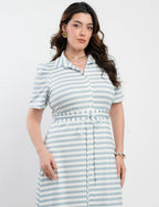 Vestido Longo Malha Canelada Listrado Azul