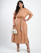 Vestido Midi Linho Misto Com Bordado Marrom