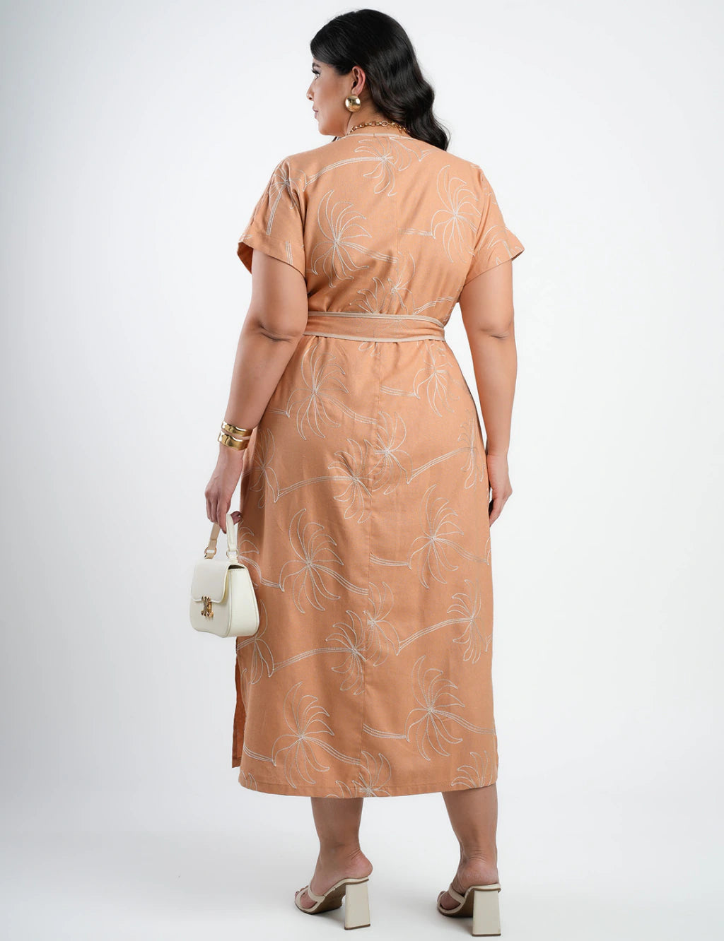 Vestido Midi Linho Misto Com Bordado Marrom