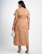 Vestido Midi Linho Misto Com Bordado Marrom