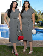 Vestido Midi Malha Pique Listrado Preto