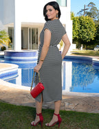 Vestido Midi Malha Pique Listrado Preto