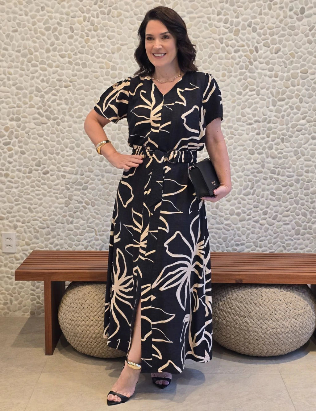 Vestido Longo Crepe Encorpado Estampado Com Cinto Preto
