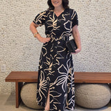 Vestido Longo Crepe Encorpado Estampado Com Cinto Preto