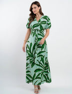 Vestido Longo Crepe Viscose Estampa Folhas Verde