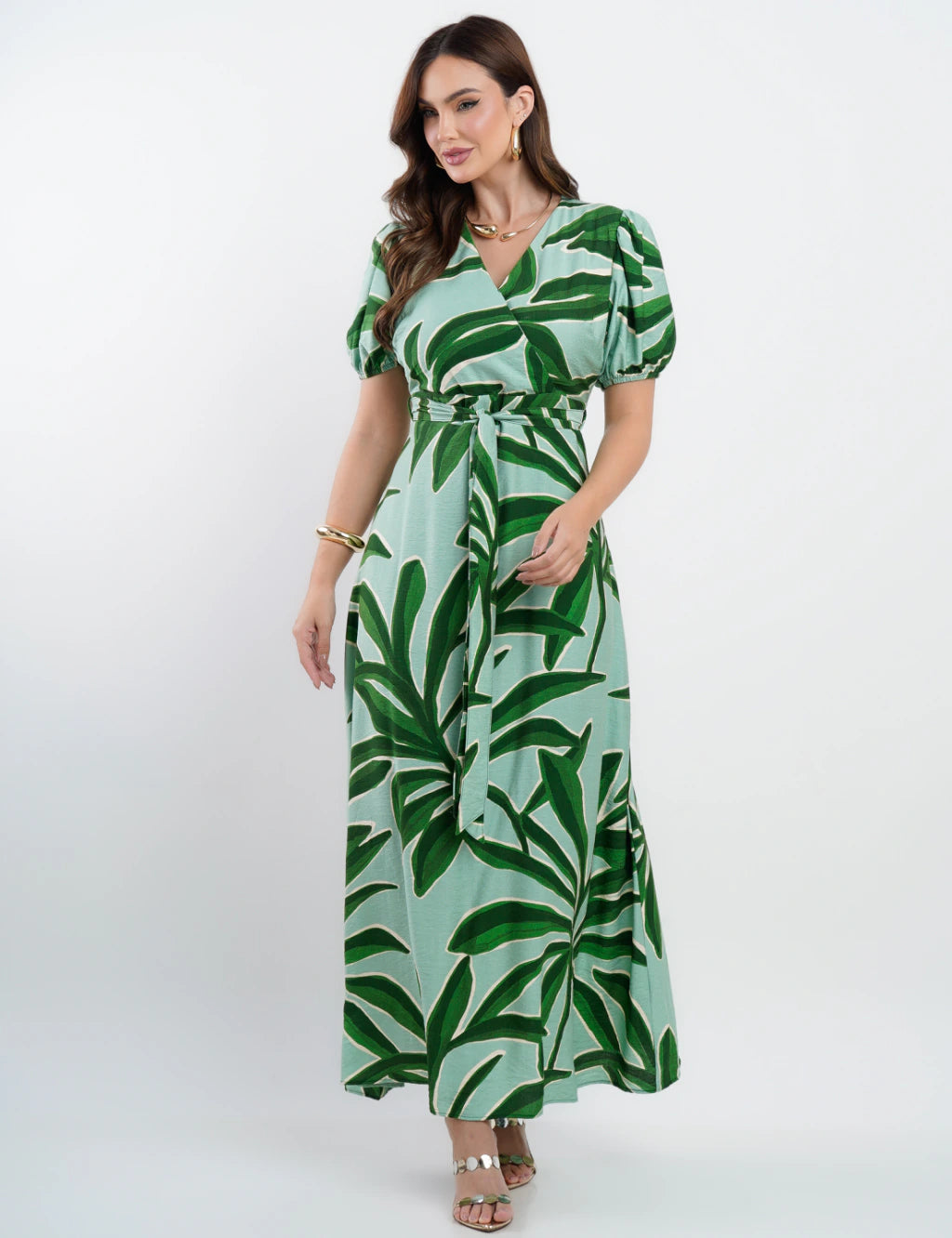 Vestido Longo Crepe Viscose Estampa Folhas Verde