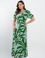 Vestido Longo Crepe Viscose Estampa Folhas Verde