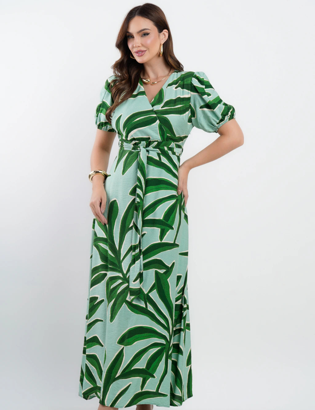 Vestido Longo Crepe Viscose Estampa Folhas Verde