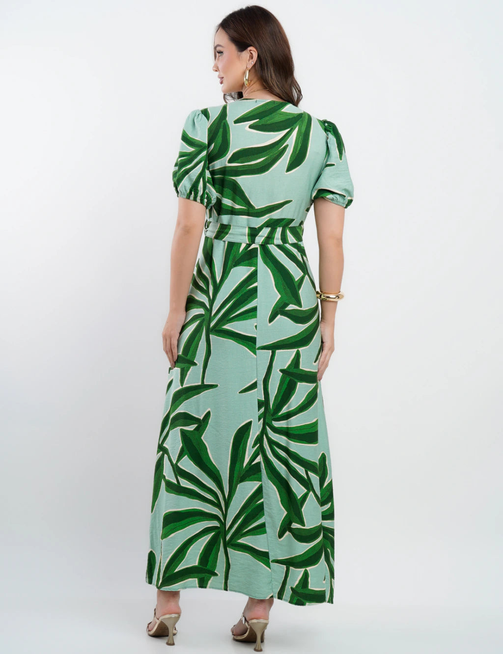 Vestido Longo Crepe Viscose Estampa Folhas Verde