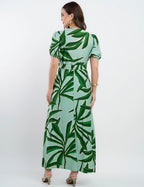 Vestido Longo Crepe Viscose Estampa Folhas Verde