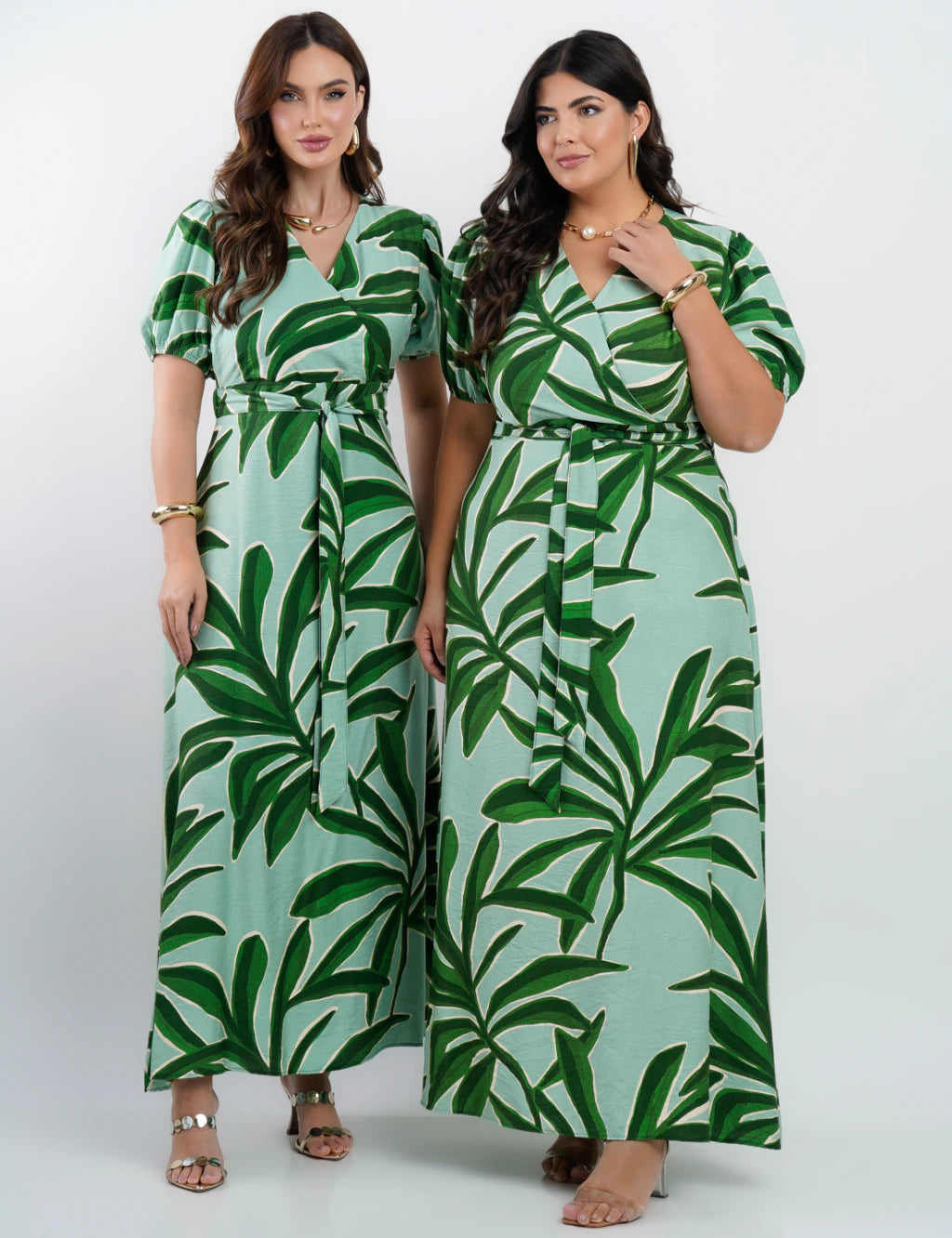 Vestido Longo Crepe Viscose Estampa Folhas Verde