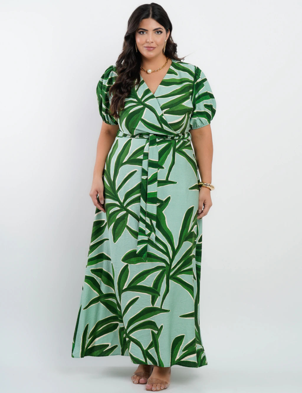 Vestido Longo Crepe Viscose Estampa Folhas Verde
