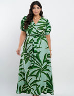 Vestido Longo Crepe Viscose Estampa Folhas Verde