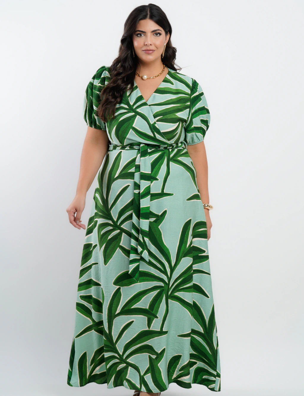 Vestido Longo Crepe Viscose Estampa Folhas Verde