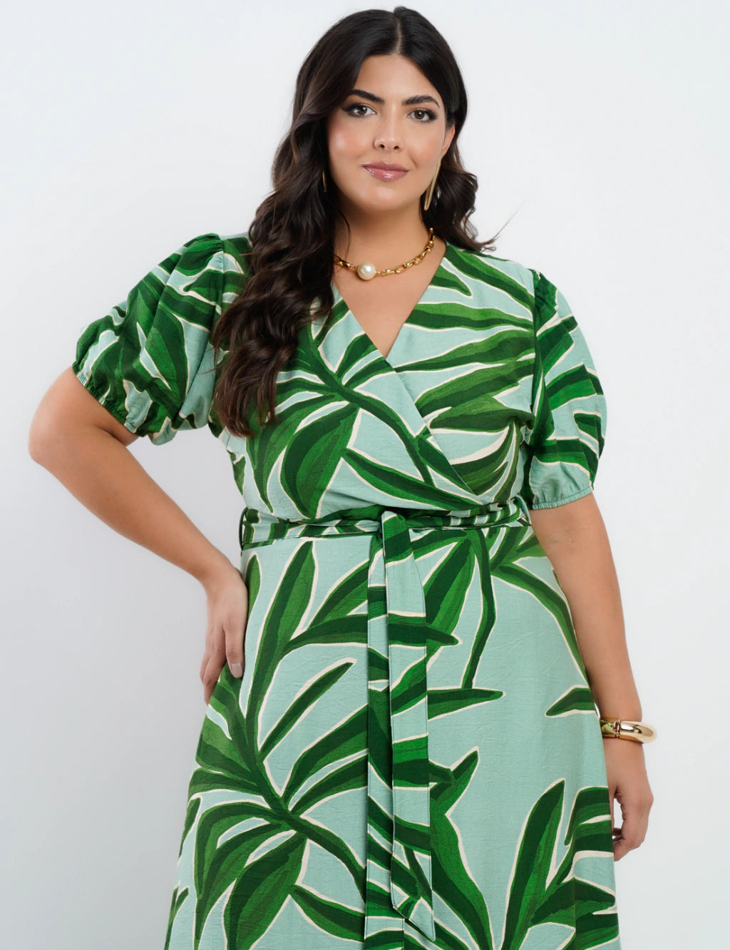 Vestido Longo Crepe Viscose Estampa Folhas Verde