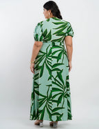Vestido Longo Crepe Viscose Estampa Folhas Verde
