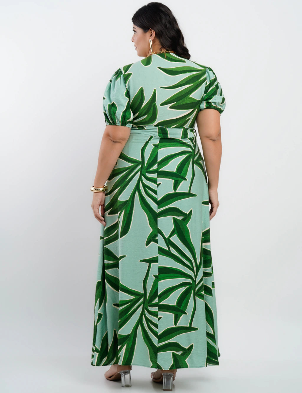 Vestido Longo Crepe Viscose Estampa Folhas Verde