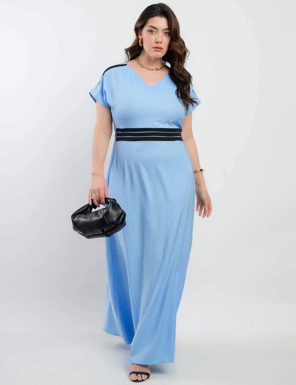 Vestido Longo Crepe Twil Detalhe Preto Pala Azul