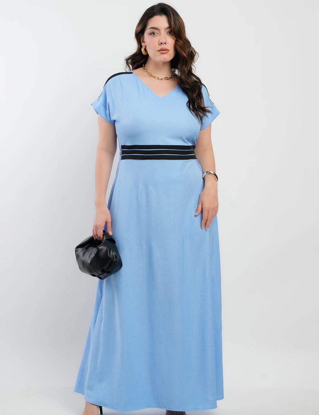 Vestido Longo Crepe Twil Detalhe Preto Pala Azul