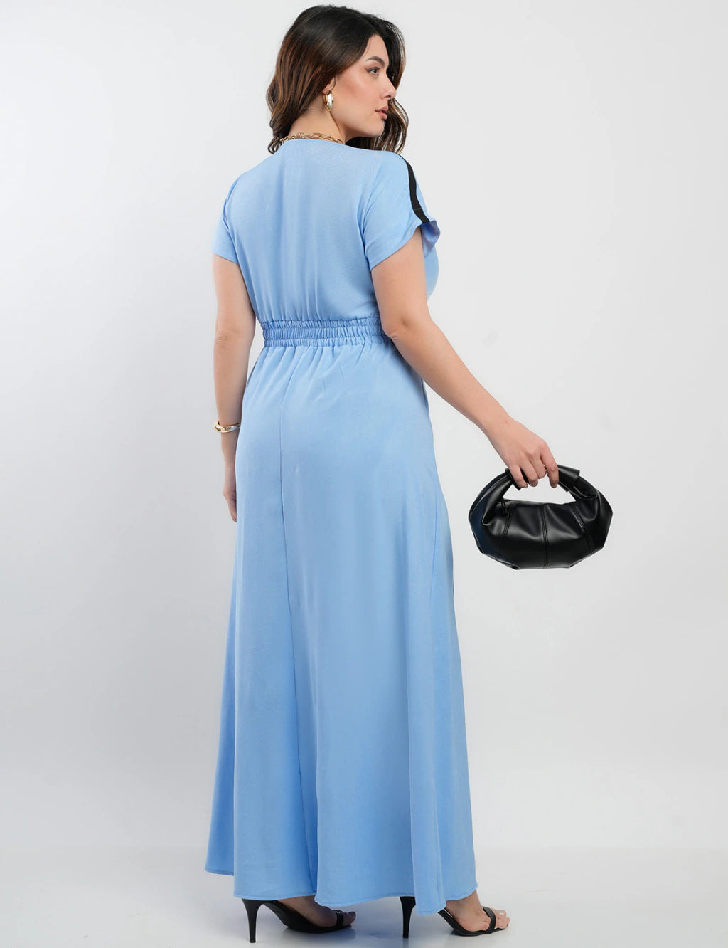 Vestido Longo Crepe Twil Detalhe Preto Pala Azul