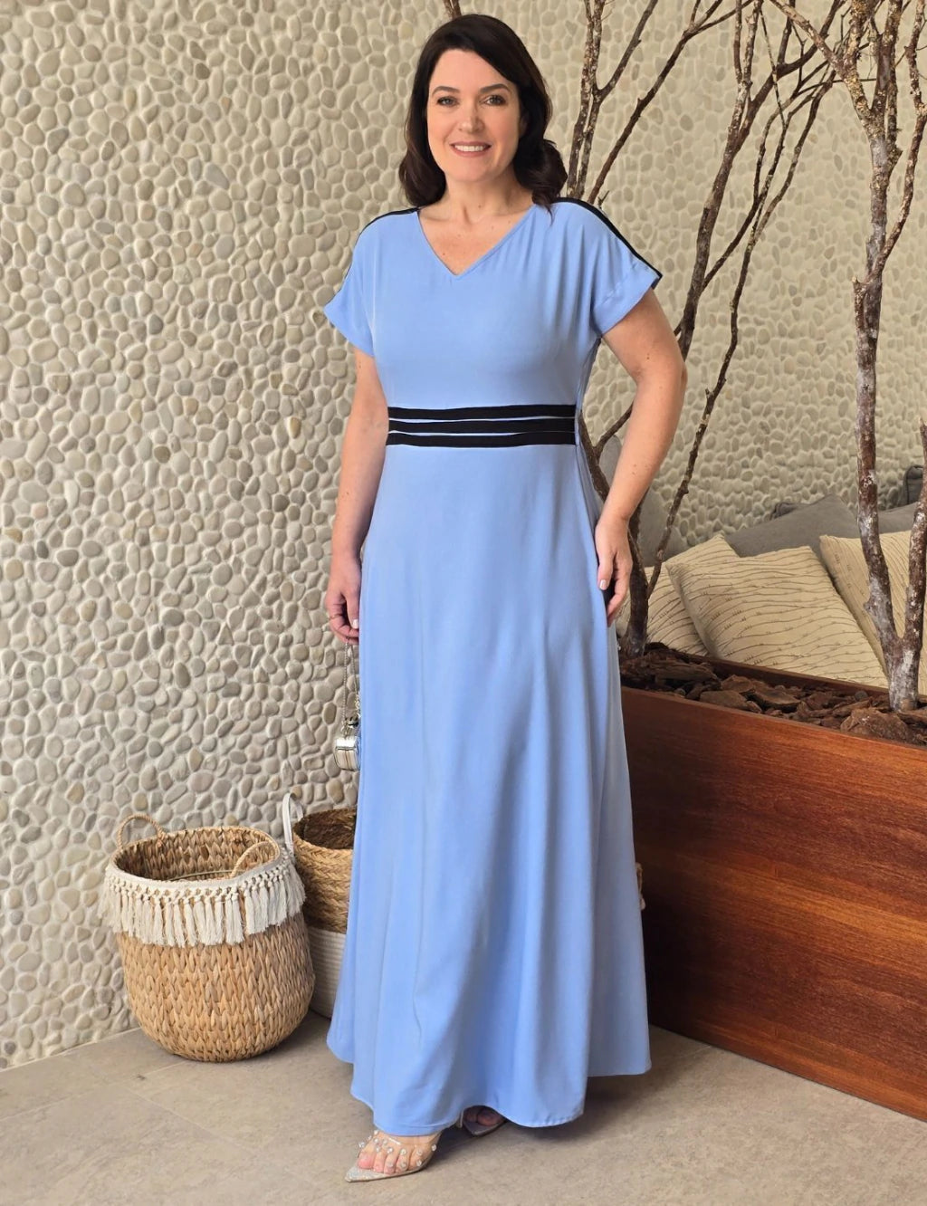Vestido Longo Crepe Twil Detalhe Preto Pala Azul