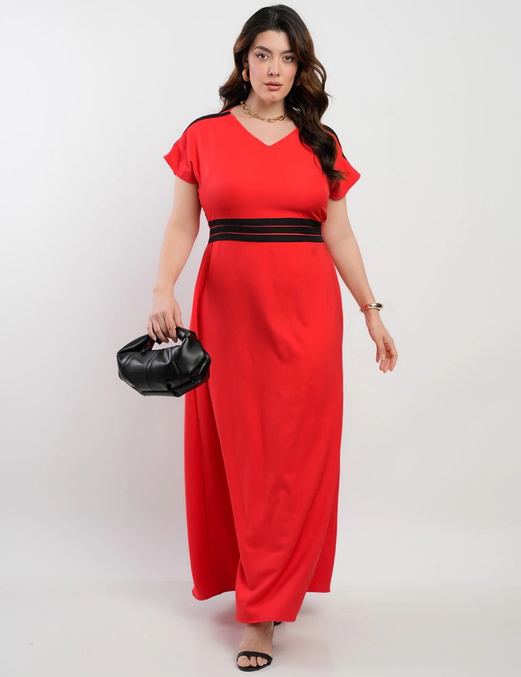 Vestido Longo Crepe Twil Detalhe Preto Pala Vermelho