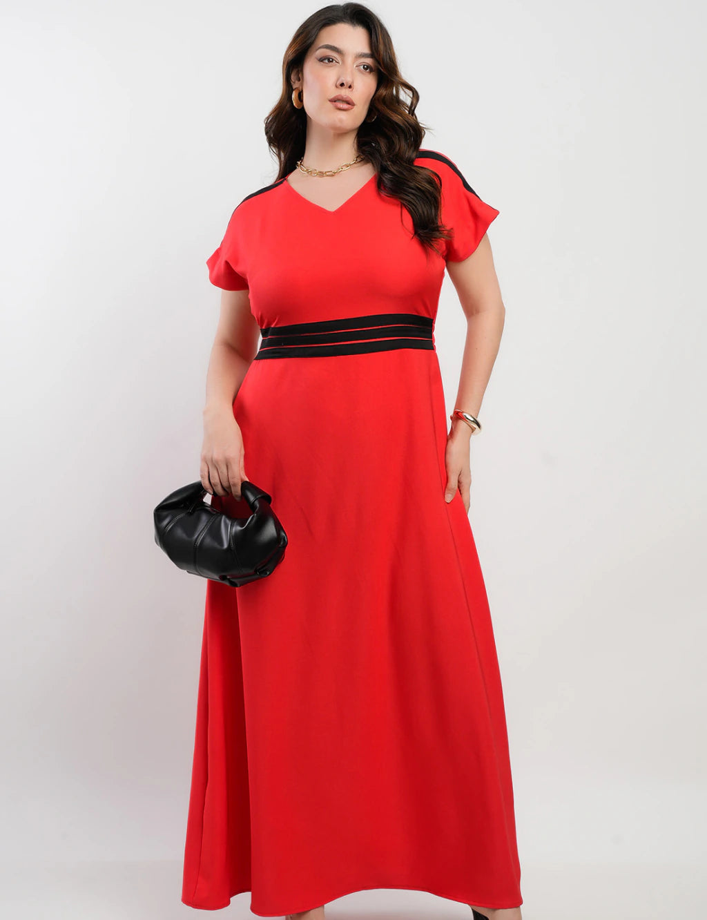 Vestido Longo Crepe Twil Detalhe Preto Pala Vermelho