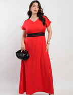 Vestido Longo Crepe Twil Detalhe Preto Pala Vermelho