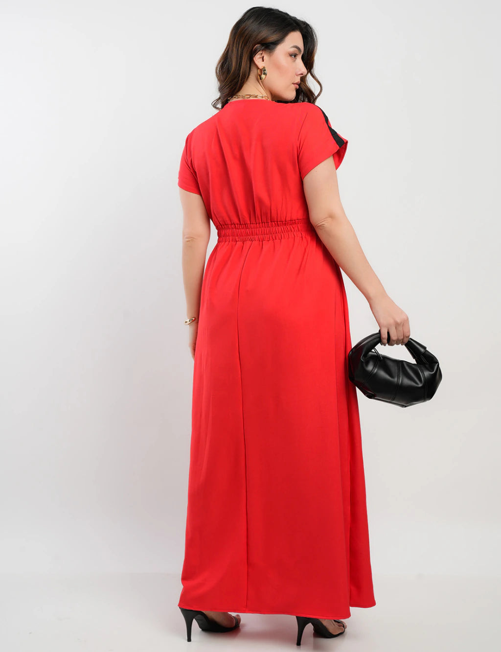 Vestido Longo Crepe Twil Detalhe Preto Pala Vermelho