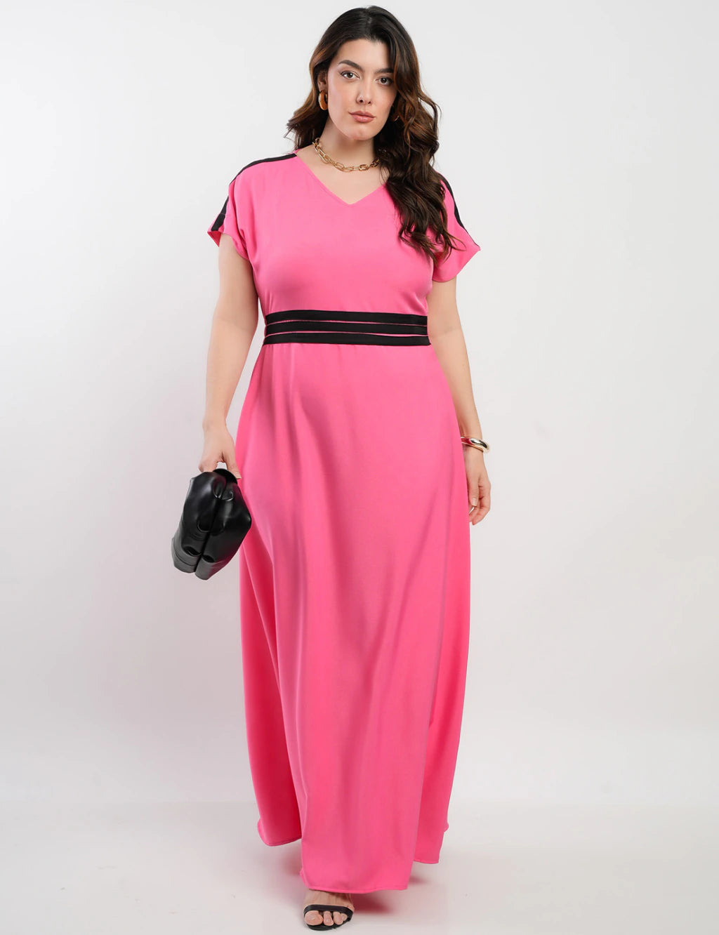 Vestido Longo Crepe Twil Detalhe Preto Pala Rosa