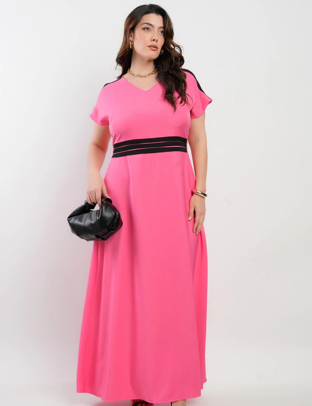 Vestido Longo Crepe Twil Detalhe Preto Pala Rosa