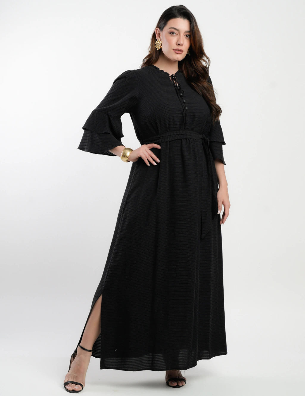 Vestido Longo Viscose Com Textura Preto