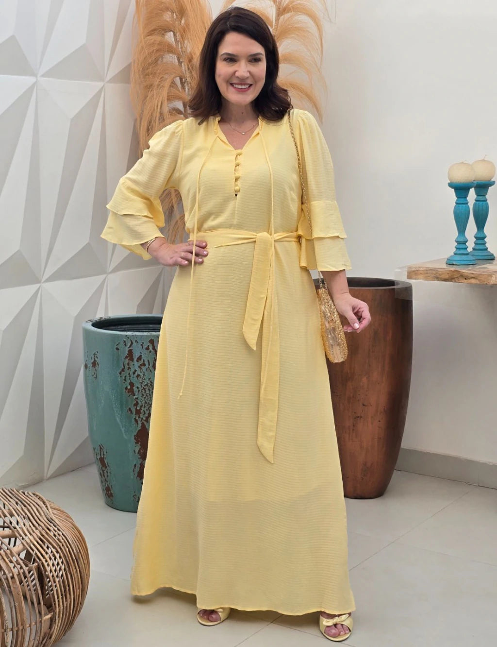 Vestido Longo Viscose Com Textura Amarelo