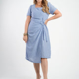 Vestido Midi Crepe Listrado Saia Dupla Azul