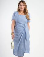 Vestido Midi Crepe Listrado Saia Dupla Azul