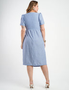 Vestido Midi Crepe Listrado Saia Dupla Azul