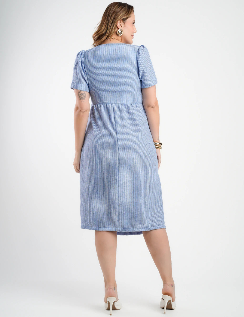Vestido Midi Crepe Listrado Saia Dupla Azul