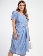 Vestido Midi Crepe Listrado Saia Dupla Azul