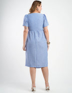 Vestido Midi Crepe Listrado Saia Dupla Azul