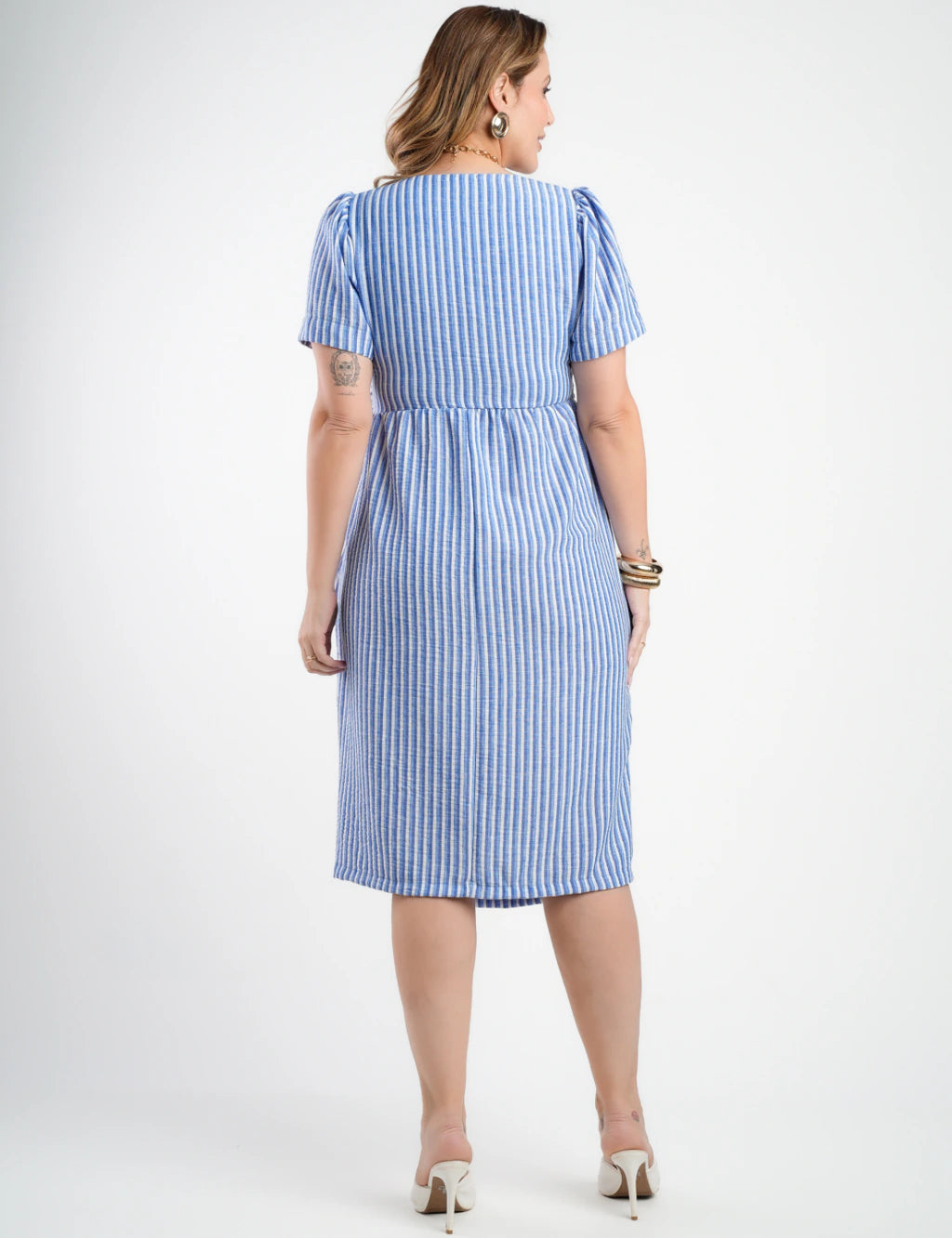 Vestido Midi Crepe Listrado Saia Dupla Azul