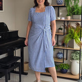 Vestido Midi Crepe Listrado Saia Dupla Azul