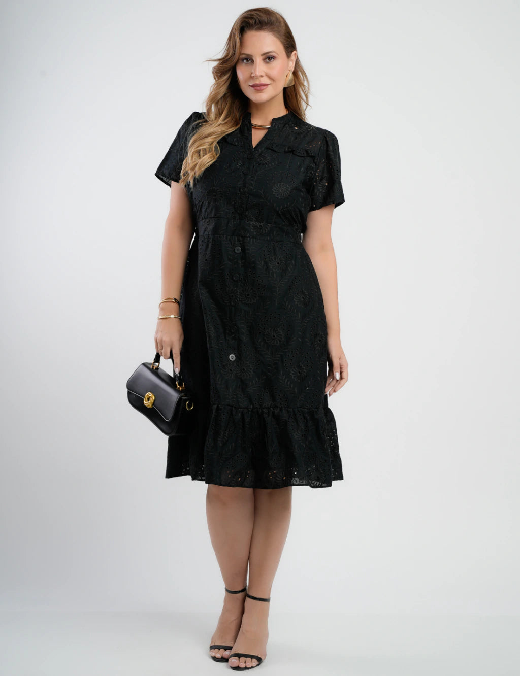 Vestido Midi Lasie Algodão Com Gola Preto