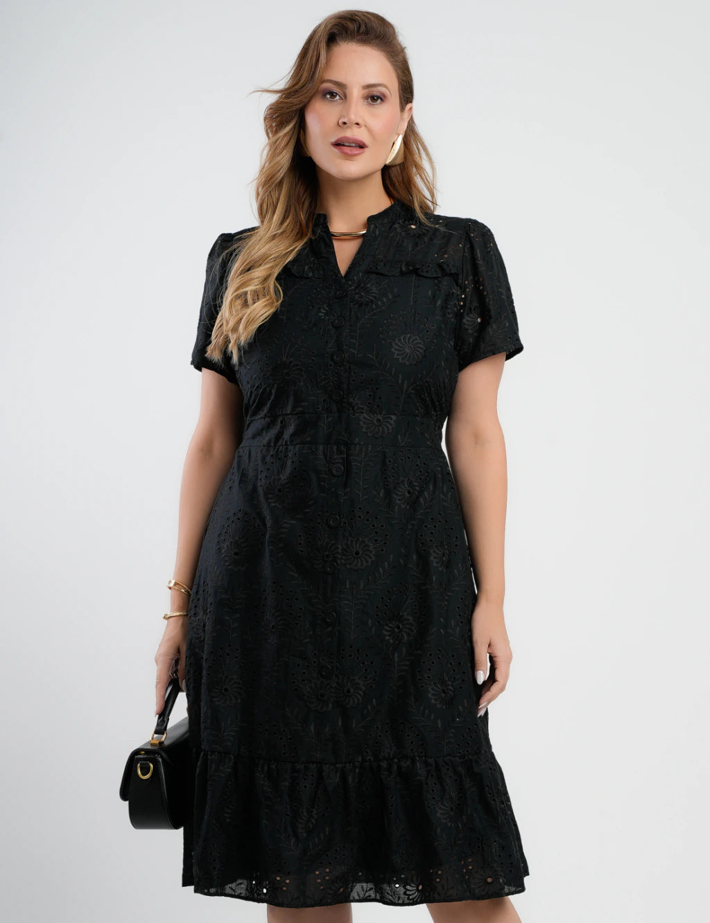 Vestido Midi Lasie Algodão Com Gola Preto