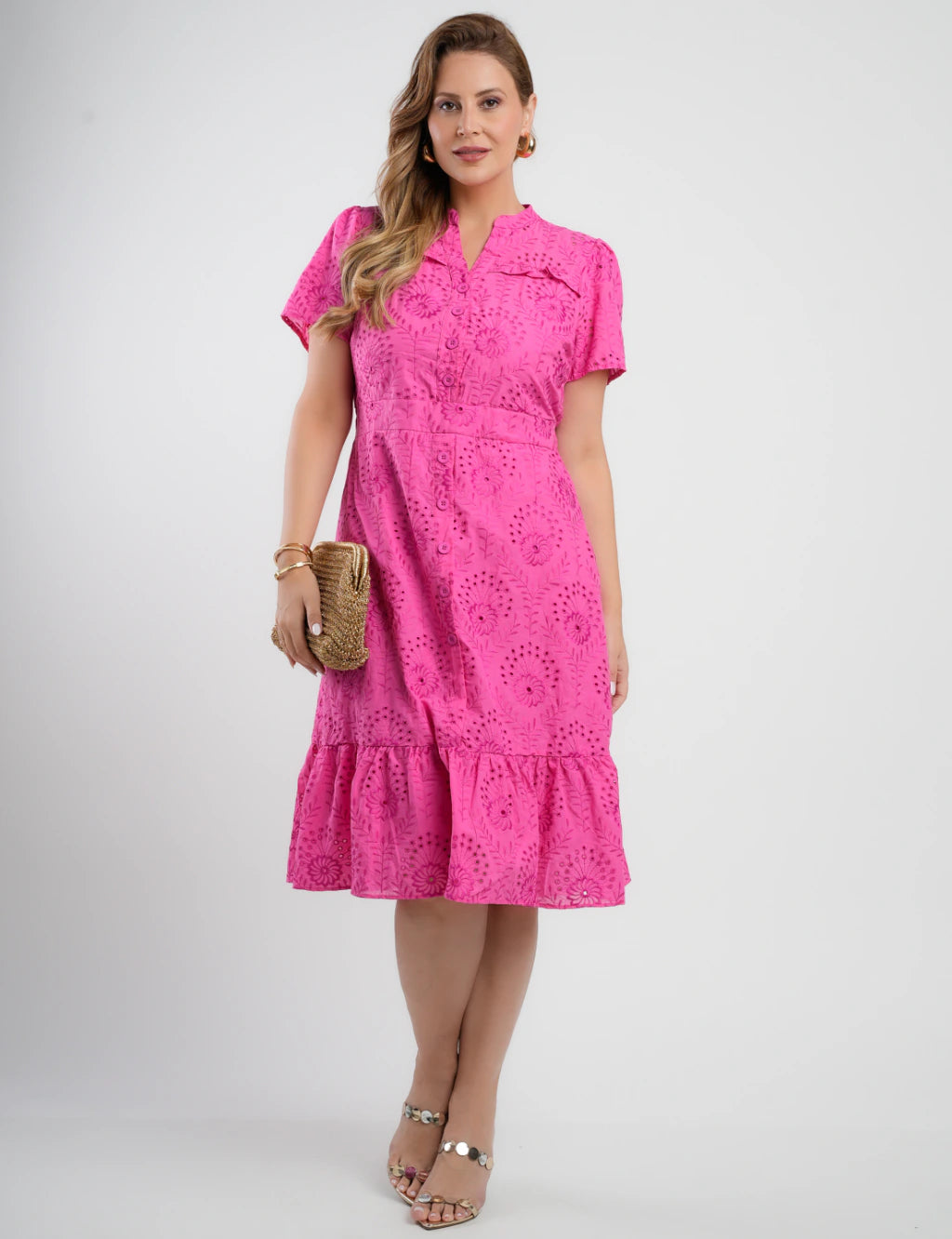 Vestido Midi Lasie Algodão Com Gola Pink