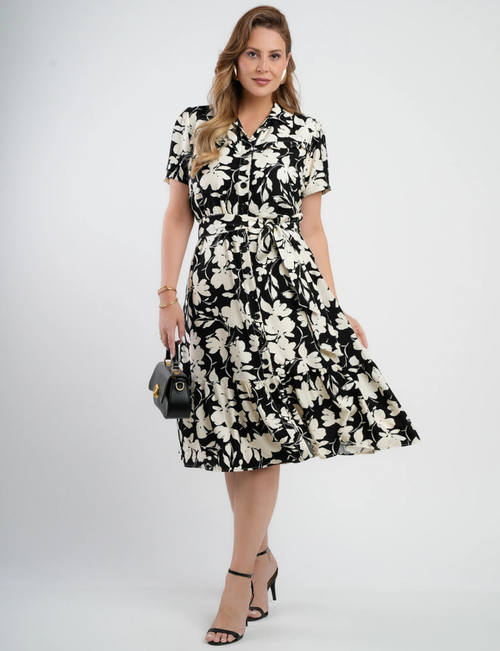 Vestido Midi Crepe Encorpado Estampado Preto
