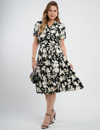 Vestido Midi Crepe Encorpado Estampado Preto