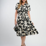 Vestido Midi Crepe Encorpado Estampado Preto
