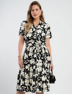 Vestido Midi Crepe Encorpado Estampado Preto