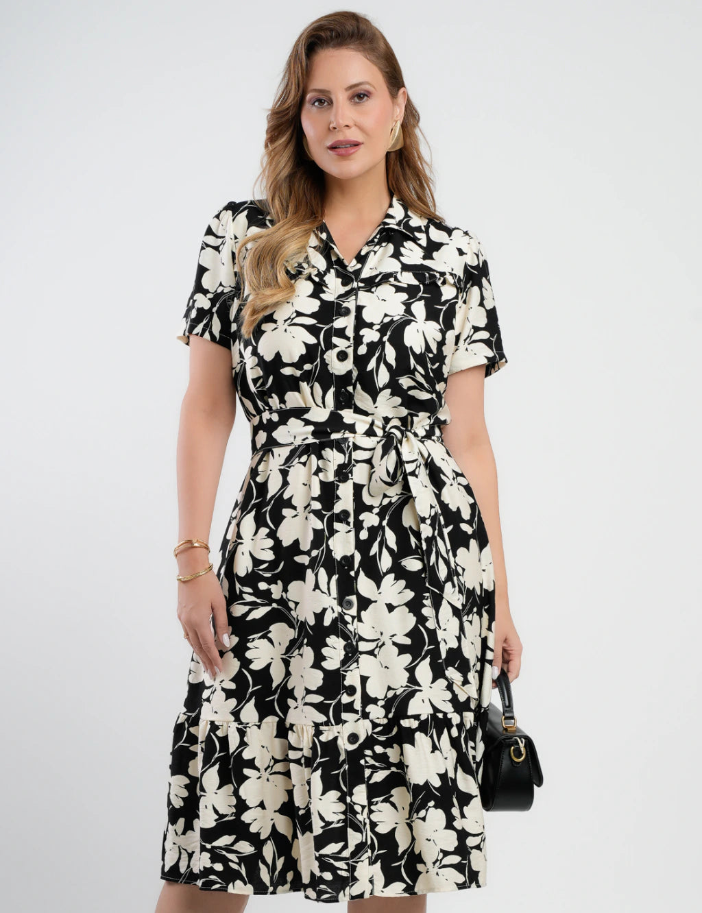 Vestido Midi Crepe Encorpado Estampado Preto