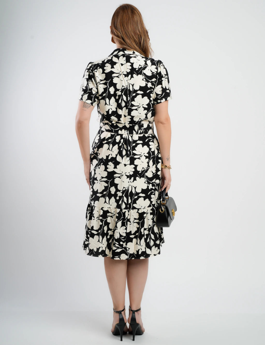Vestido Midi Crepe Encorpado Estampado Preto